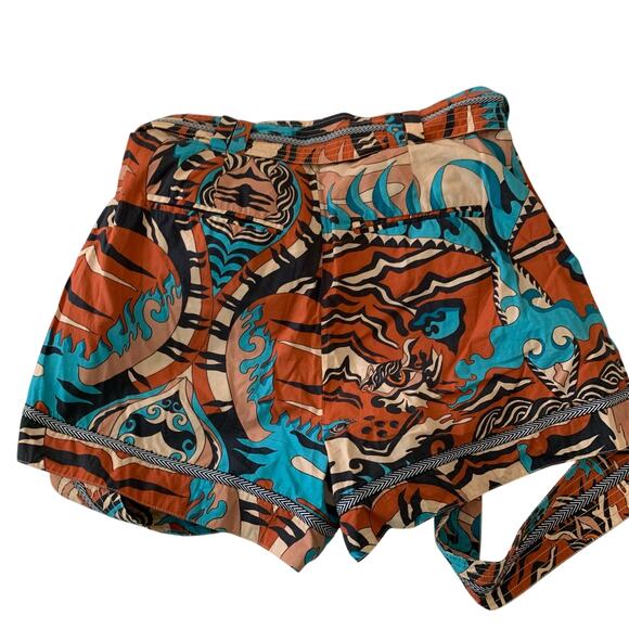 Chufy Burnt Orange, Teal, Brown Multicolor High Waist Printed Shorts - Picture 6 of 8